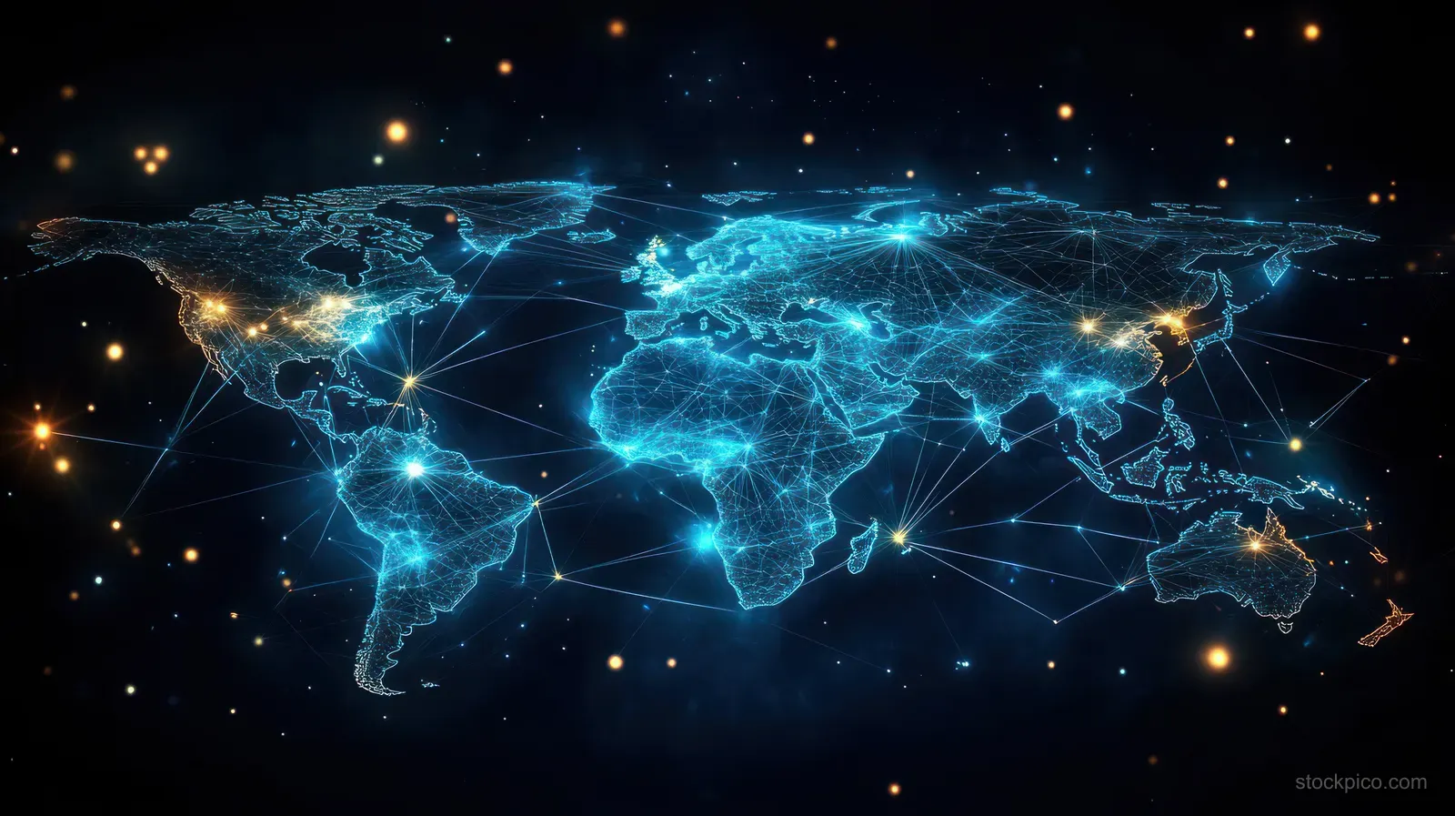 A glowing world map displays connected network nodes and data lines across continents on a dark background.