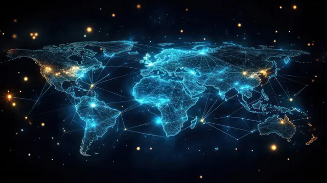 A glowing world map displays connected network nodes and data lines across continents on a dark background.