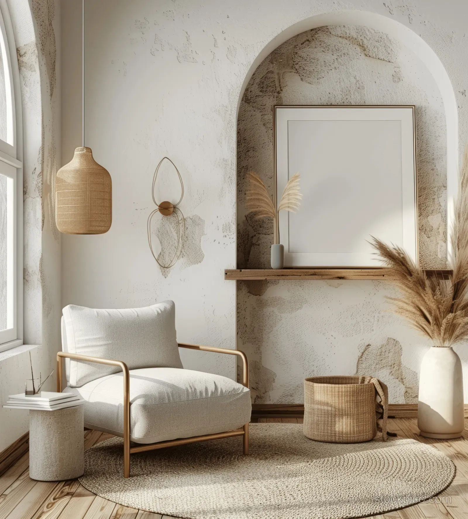 Scandinavian boho living room with blue velvet armchair, arched shelf niche, and vertical framed artwork on a white wall.
