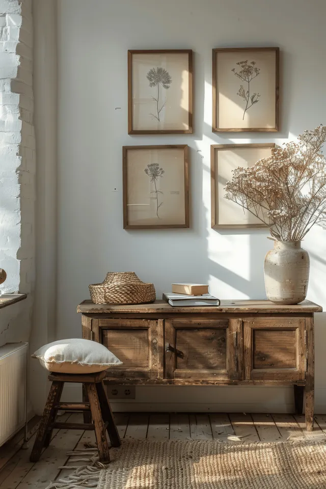 Scandinavian living room with wooden sideboard and empty frame mockup near sunlit window