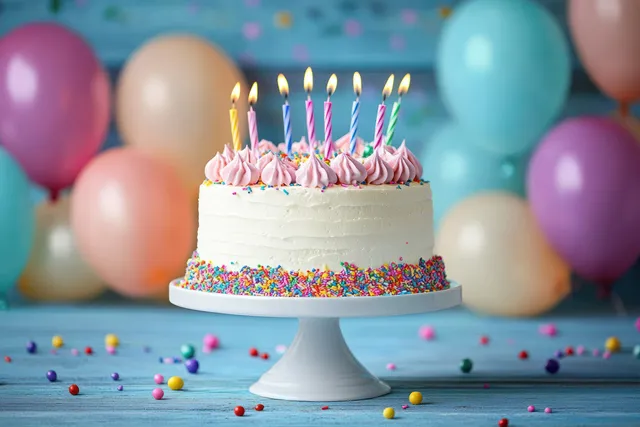Birthday cake with lit candles and sprinkles on a stand with pastel balloons behind it.