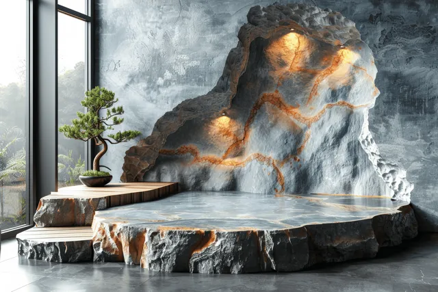 Minimalist stone and wood podium beside cascading waterfall, spa-like interior
