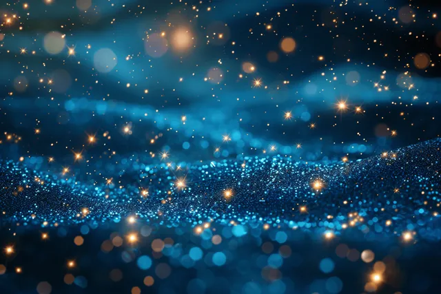 Glittering blue-green abstract space background with gold dust particles and starry bokeh glow