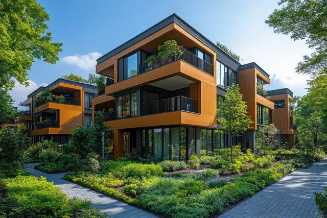 Modern apartment building with wood-and-glass balconies beside a landscaped courtyard under a clear blue sky.