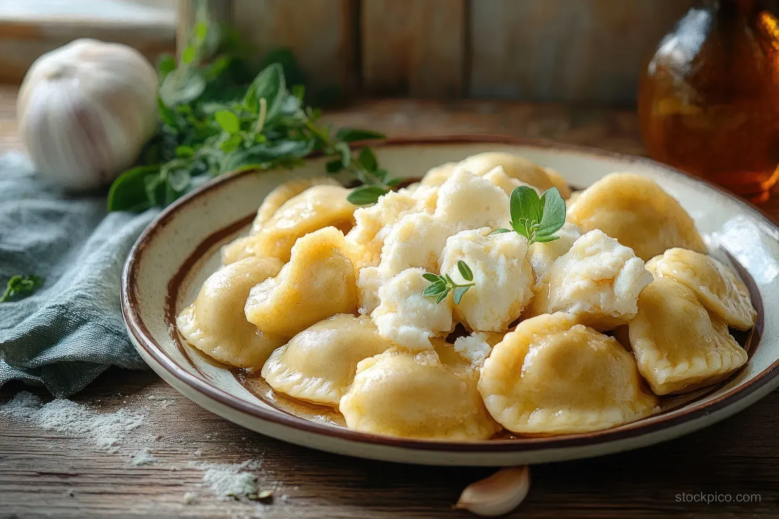 Ricotta ravioli on a plate, garnished with fresh herbs, on a rustic wooden table with garlic nearby.