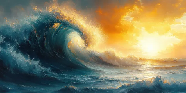 一幅印象派海景画展现出在金色日出天空下，一道白沫翻涌的海浪正向观者拍来。