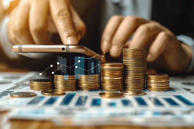Hands placing a coin stack beside rising chart on finance dashboard