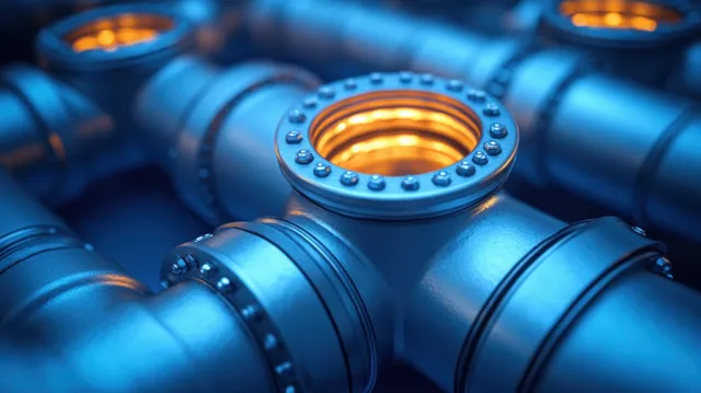 Close-up of blue industrial pipes with bolts and round flange on dark background