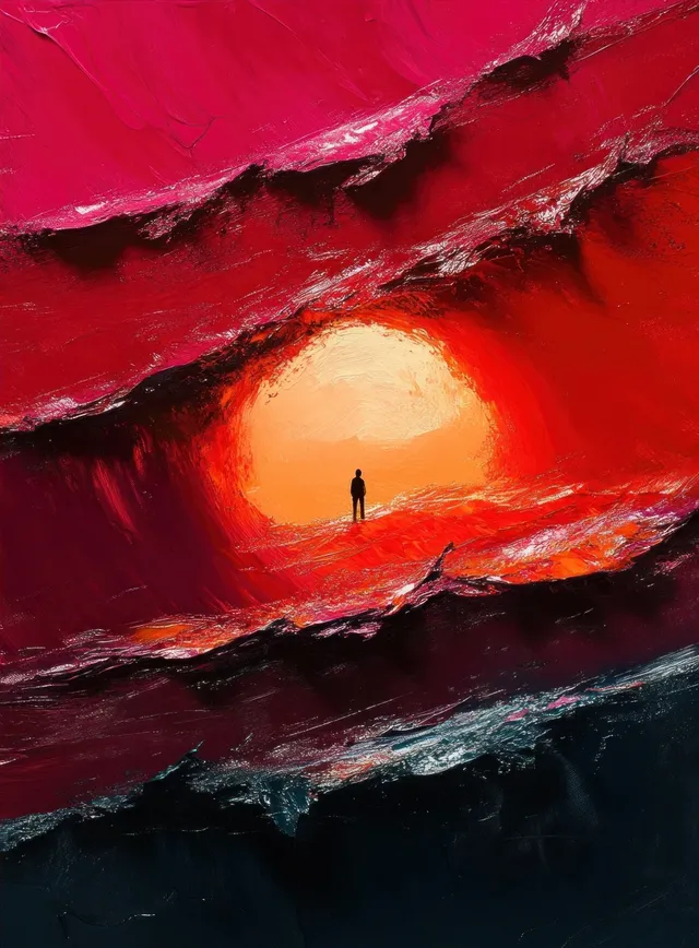 A silhouetted person stands before a bright orange-red glow within rough swirling red and dark textured layers.