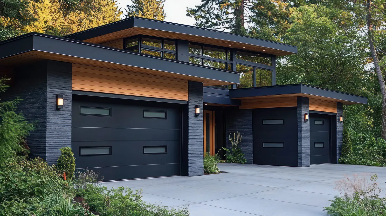 Modern home exterior showing black garage doors, driveway, and dense green landscaping under warm afternoon light.