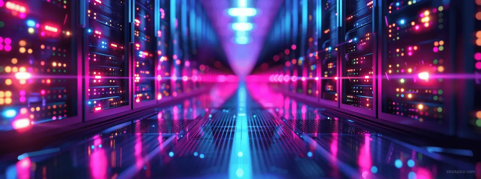 Illuminated server racks line a dark data center corridor with blue and pink lights.