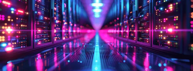 Glowing server racks in a futuristic data center corridor