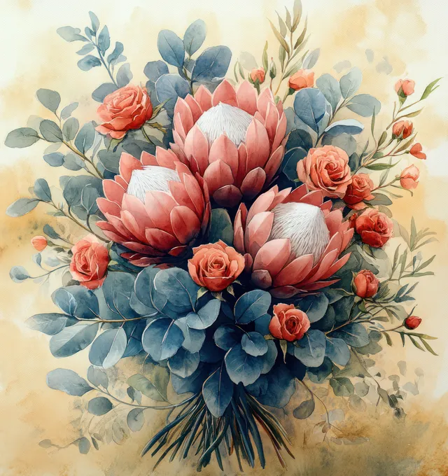 Watercolor bouquet of protea, roses, and eucalyptus leaves on vintage cream wedding card background