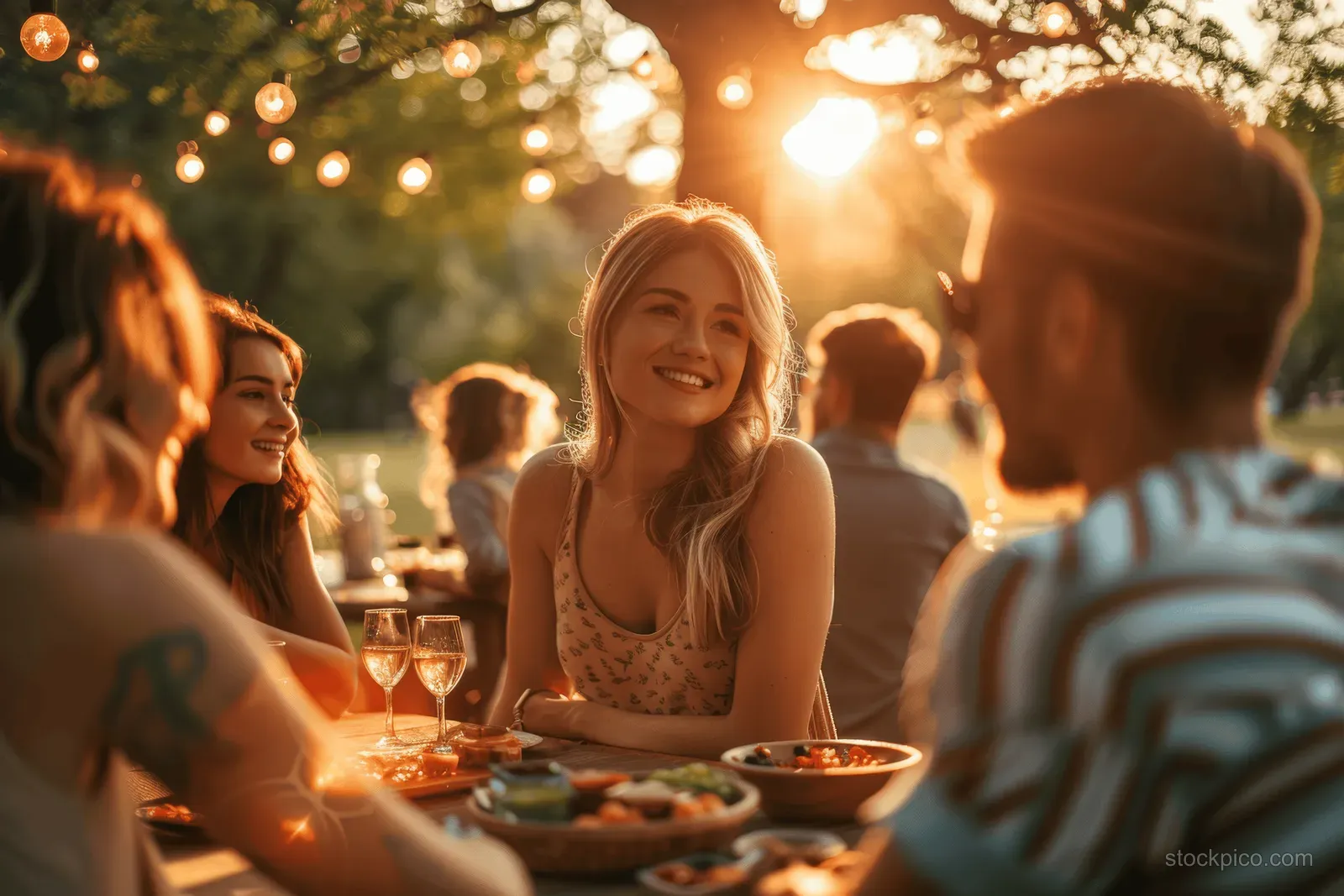 Friends enjoy an outdoor meal on a park blanket at sunset with warm string lights glowing overhead.
