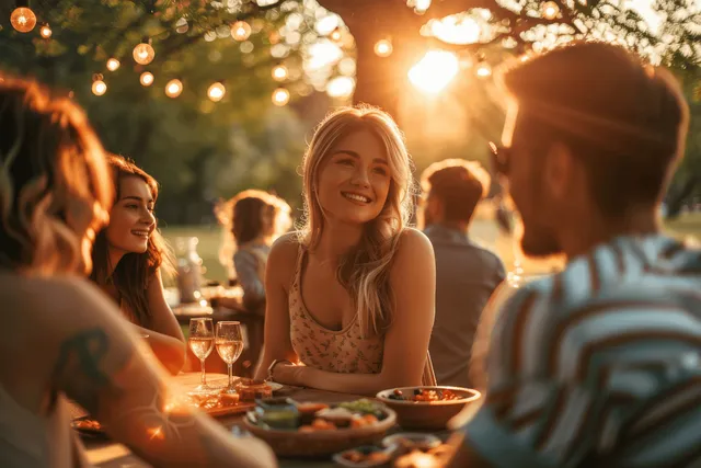 Friends sharing an outdoor meal on a park blanket at sunset with glowing string lights