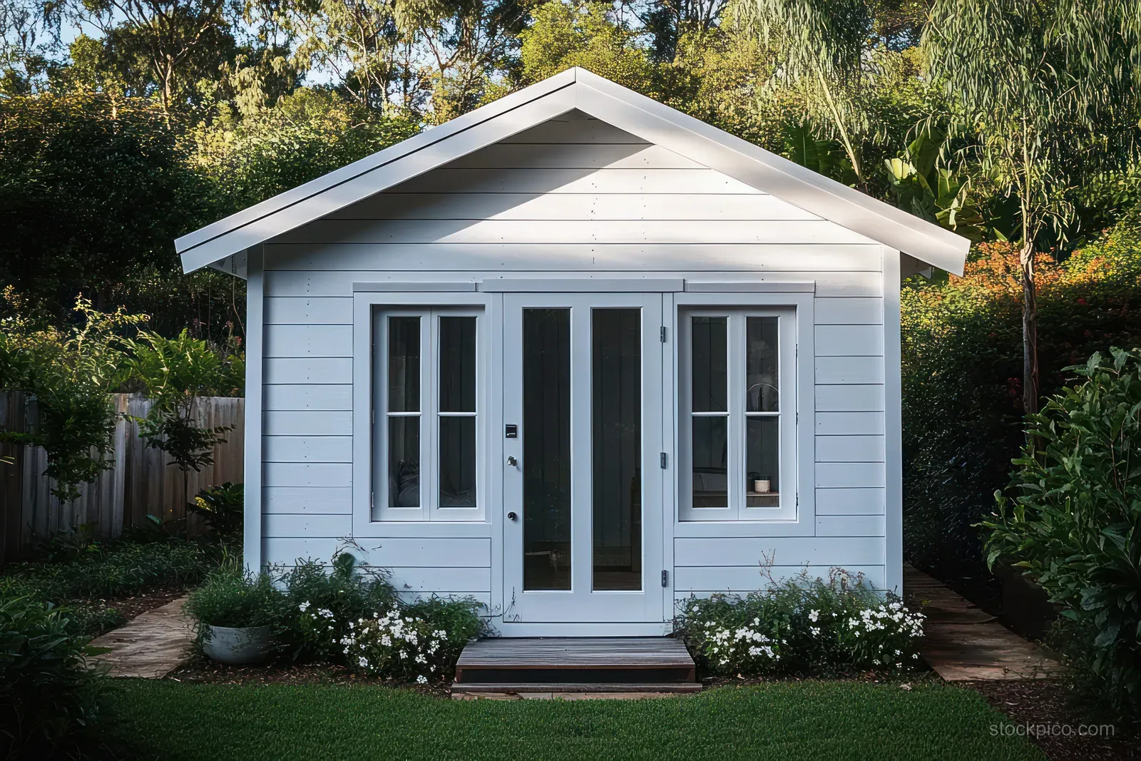 Small white garden shed with double glass doors and windows surrounded by green plants in a sunny backyard.