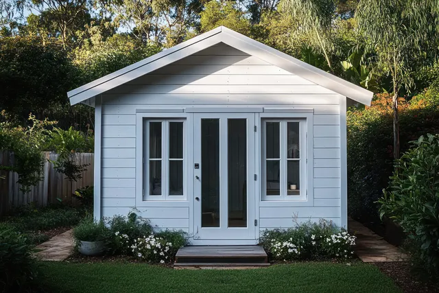 Small white garden shed with double glass doors and windows surrounded by green plants in a sunny backyard.