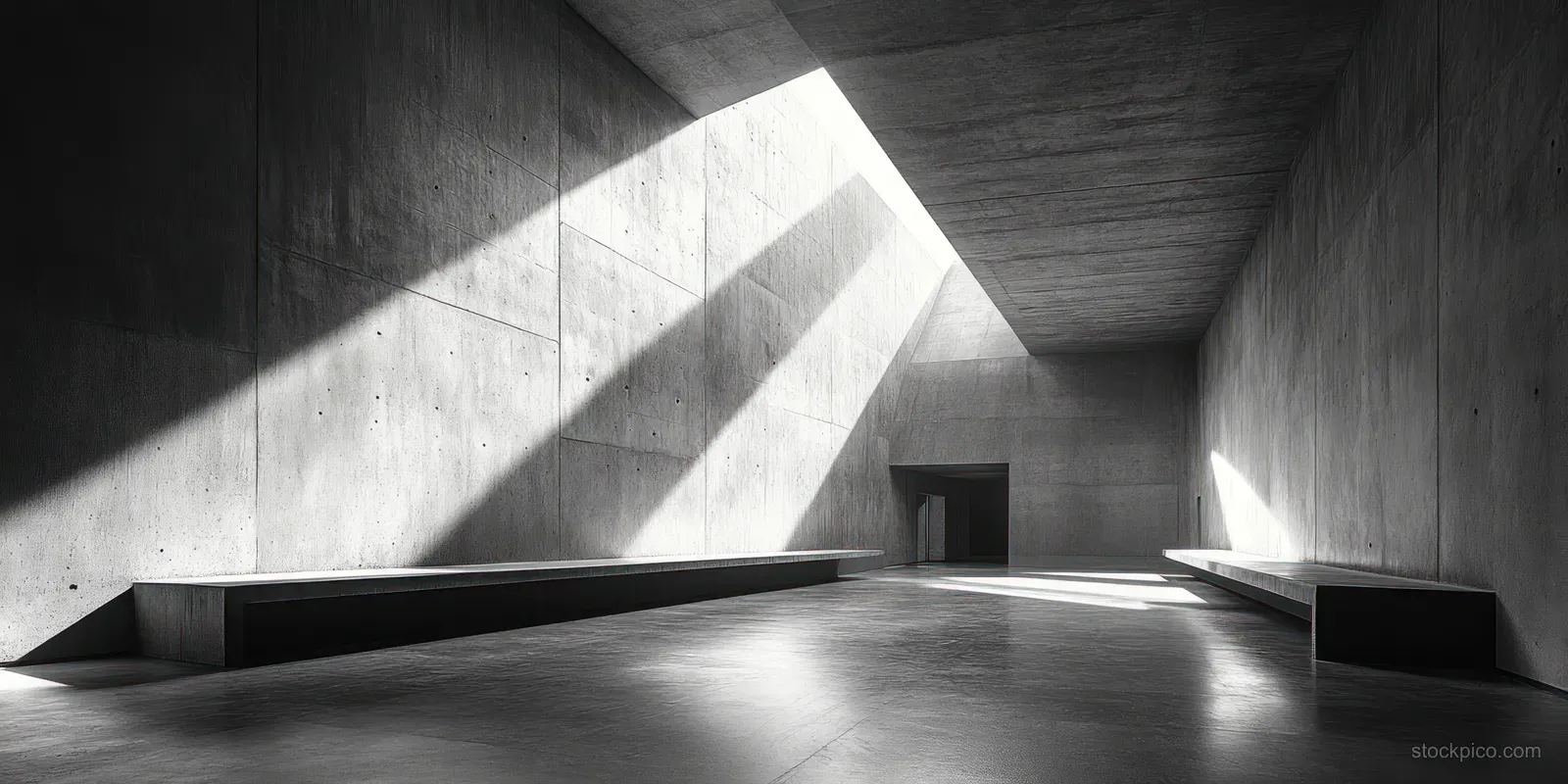 Empty minimalist concrete corridor with angular walls and dramatic diagonal light beams across a rough floor.
