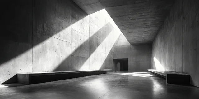 Empty minimalist concrete corridor with angular walls and dramatic diagonal light beams across a rough floor.