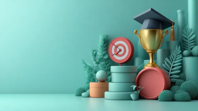 Golden trophy, graduation cap, and diploma icons on mint podium with soft studio lighting
