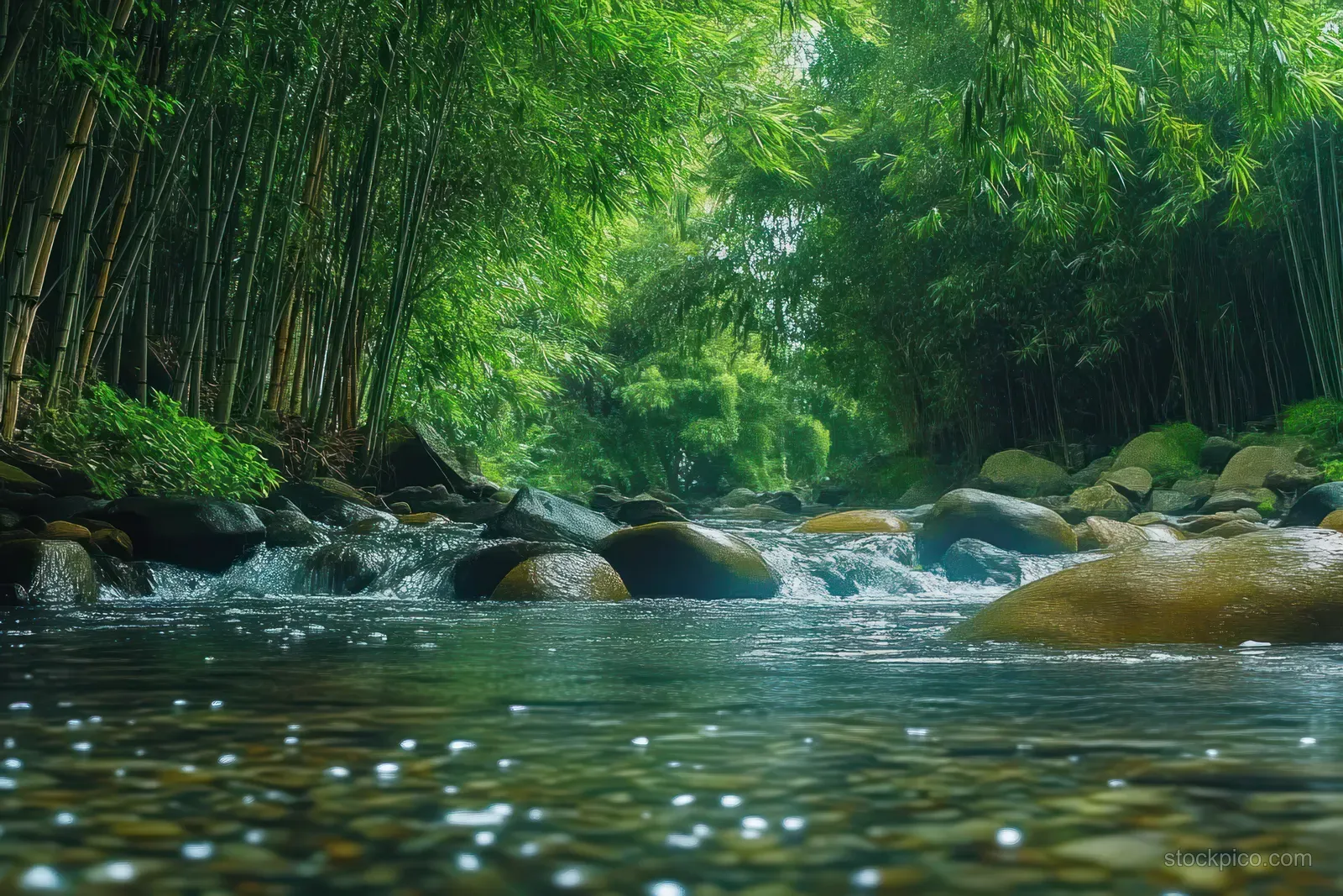 A tranquil river flows between mossy rocks beneath tall bamboo in Central Java.