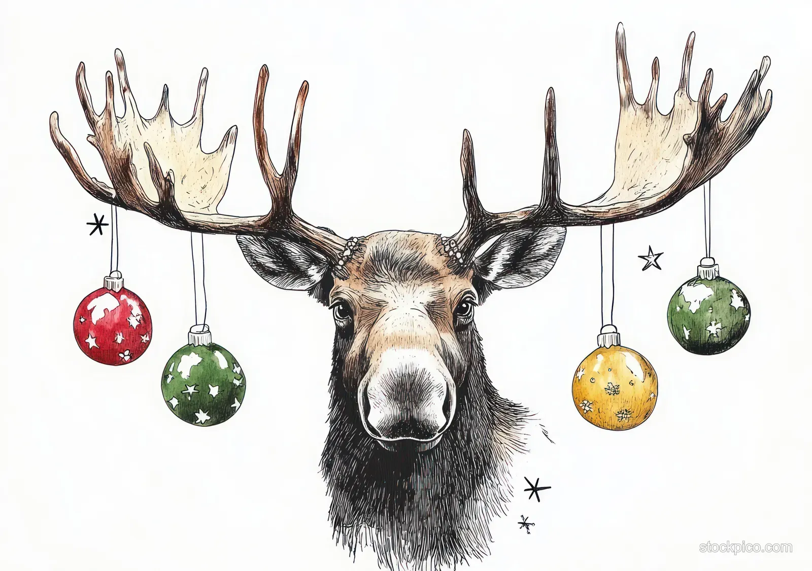 Hand-drawn Christmas moose face with colorful baubles hanging from antlers on a white background.