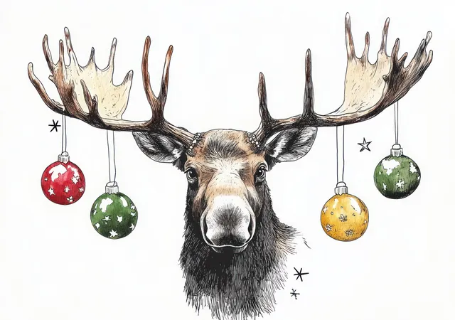 Hand-drawn Christmas moose face with colorful baubles hanging from antlers on a white background.