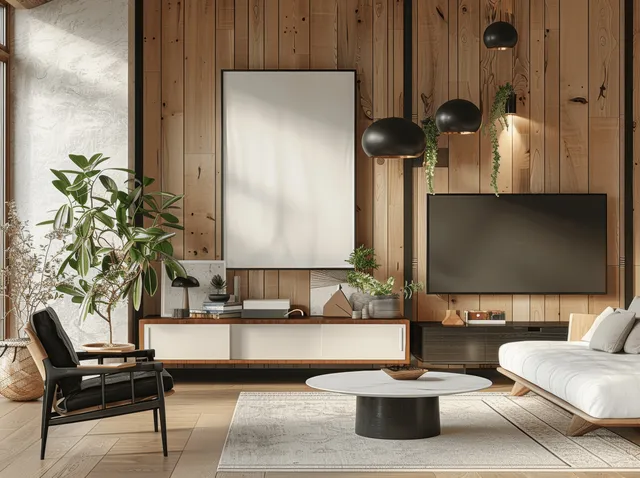 Scandinavian living room interior with a blank wall poster above a console, leather armchair, and pendant lights.