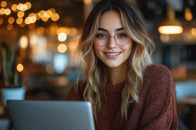 Smiling young businesswoman typing on a laptop in a softly lit cafe office