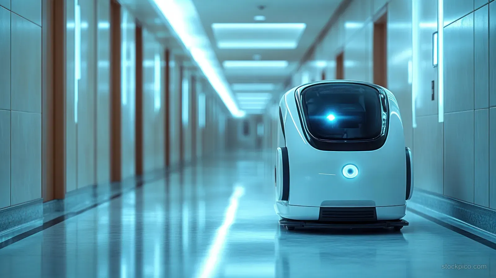 A compact autonomous robot with blue lights navigates down a modern hallway with reflective floors.