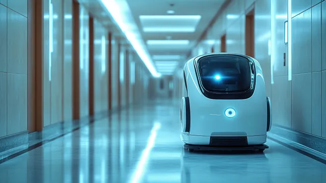 Small autonomous service robot with blue LED lights navigating a reflective corridor hallway