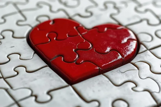 Close-up of a red heart formed by interlocking jigsaw pieces on a partly completed white puzzle.