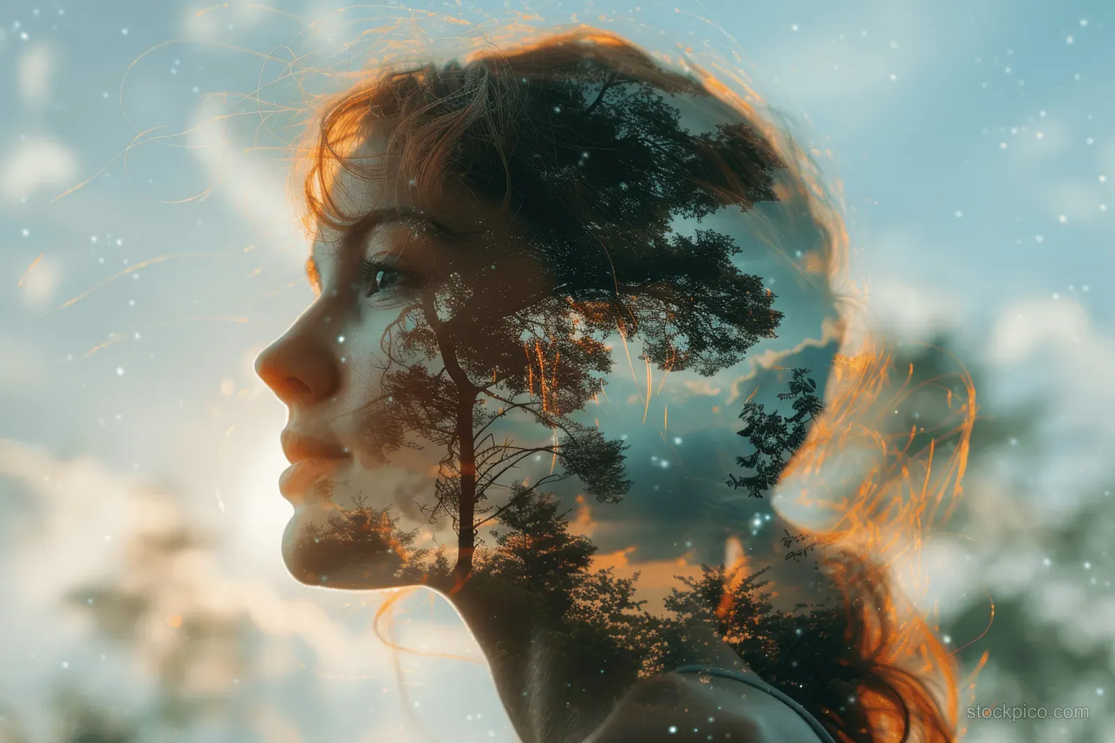 Double exposure portrait blends a woman’s profile with forest leaves and a blue sky glow.