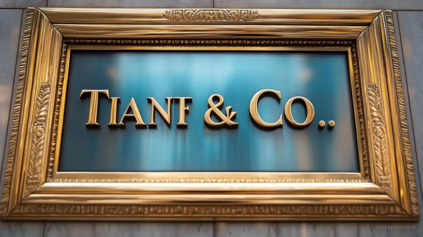 Gold ornate framed wall sign with embossed “Tianf & Co..” letters over a blue background.