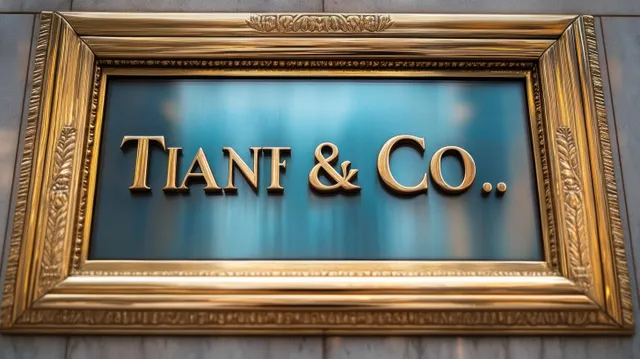 Gold ornate framed wall sign with embossed “Tianf & Co..” letters over a blue background.