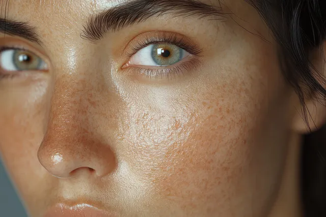Close-up face comparison showing smoother skin texture after treatment, freckles and pores reduced