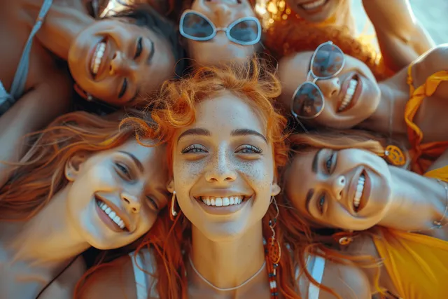 Multicultural friends hugging in a circle, taking a low-angle selfie with joyful smiles
