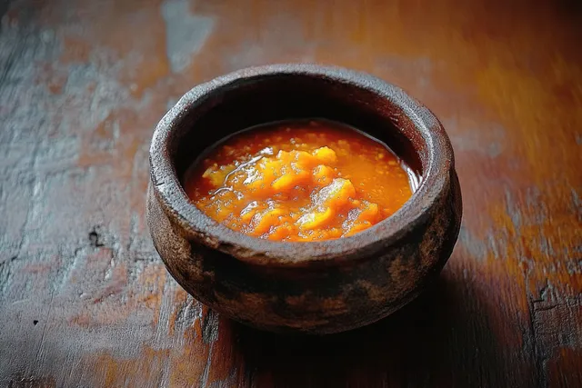 A clay bowl filled with spicy sambal bawang onion sauce on rustic wooden table.