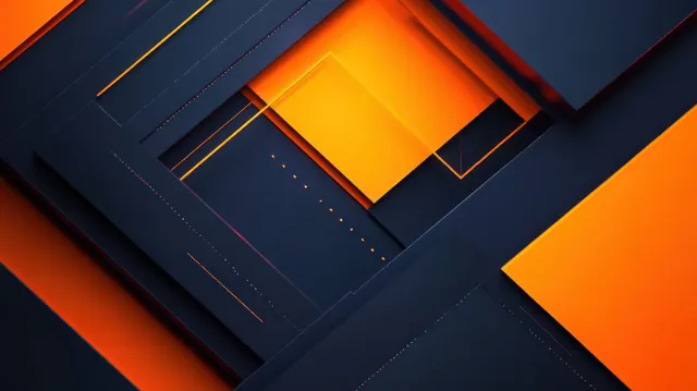 Overlapping dark blue and orange geometric rectangles create a layered abstract digital pattern with strong color contrast.