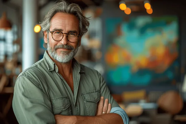 Smiling mature executive with gray hair and glasses standing with arms crossed in office