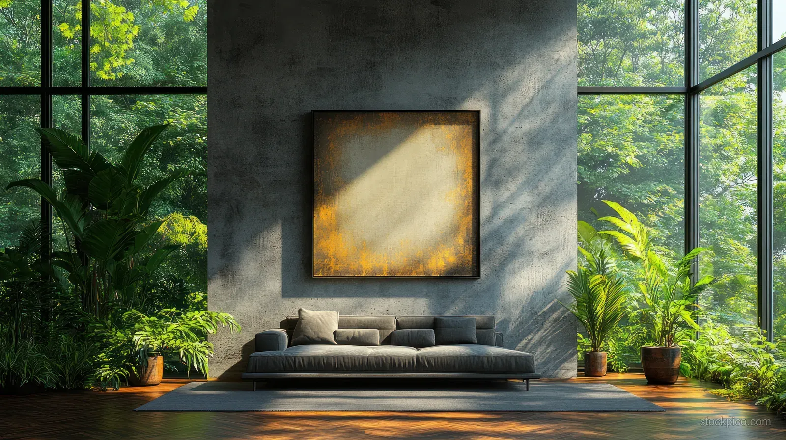 Modern office lounge with a blank concrete wall, framed canvas, sofa, and potted plants beside large windows.