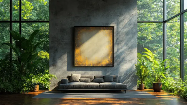 Modern office lounge with a blank concrete wall, framed canvas, sofa, and potted plants beside large windows.
