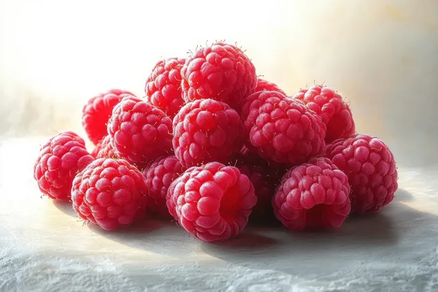 A pile of ripe red raspberries on a light surface with soft natural light highlighting the textured berries.