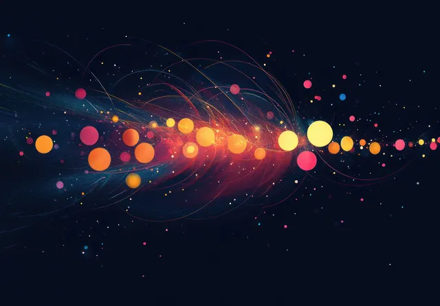 Interconnected glowing orbs swirl along bright light trails across a dark cosmic background.