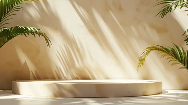 Minimal beige podium on a light floor with palm leaf shadows cast across a warm wall.