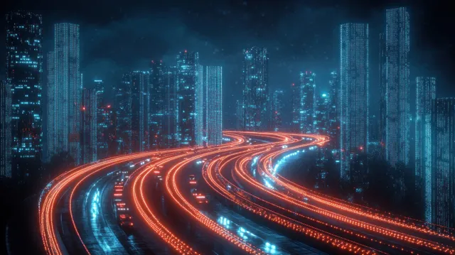 Neon highways curve through a cyberpunk city at night with glowing towers and light trails.