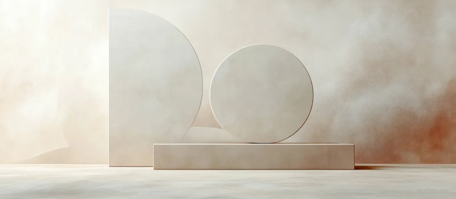 Minimalist beige and gray cylinders sit on a pedestal under soft diffused studio lighting.