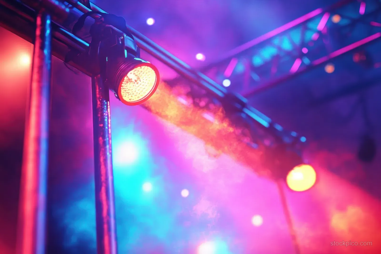 Concert stage truss with colorful spotlights and smoke beams glowing through the night haze.