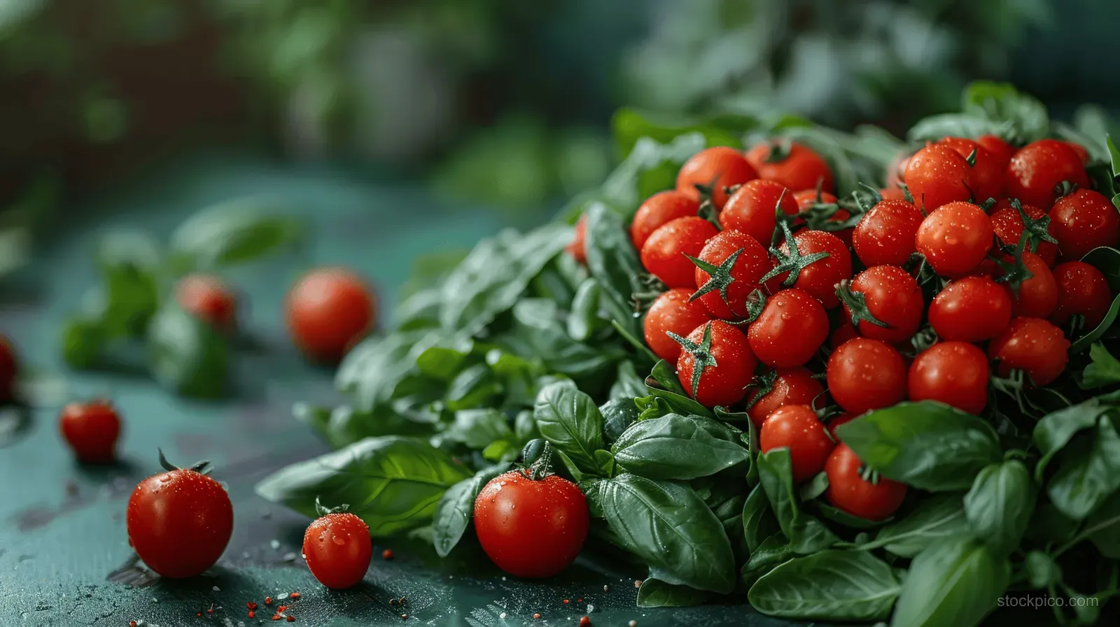 Ripe red tomatoes and green basil leaves covered with small water droplets in a blurred garden setting.