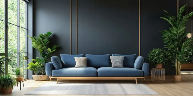 Minimal living room showing a blue sofa with cushions, wooden floor, potted plants, and large window light.